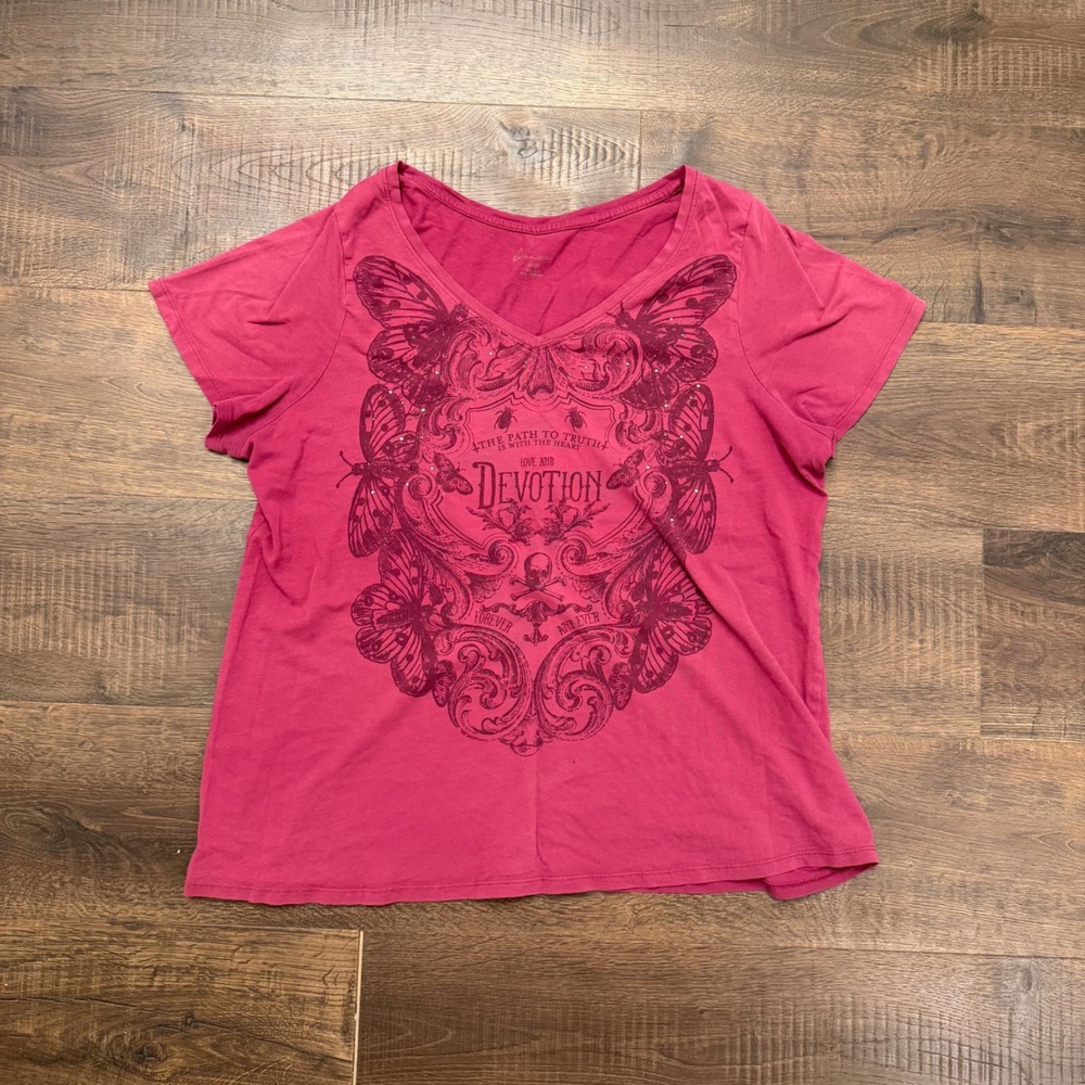 Lane Bryant Y2K Pink Skull Butterfly Rhinestone Graphic Tee Womens 18/20 Grunge